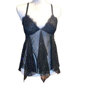 Victoria’s Secret Rhinestone Lace Mesh Lingerie Large Babydoll Top Y2K Fairy